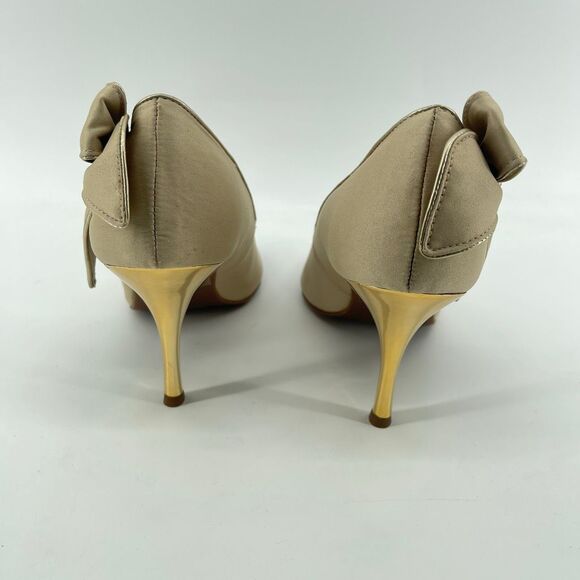 Fioni Champagne Gold Lady Luck Dressy Evening Peep Toe Bow Heels Size 9 - Picture 6 of 16